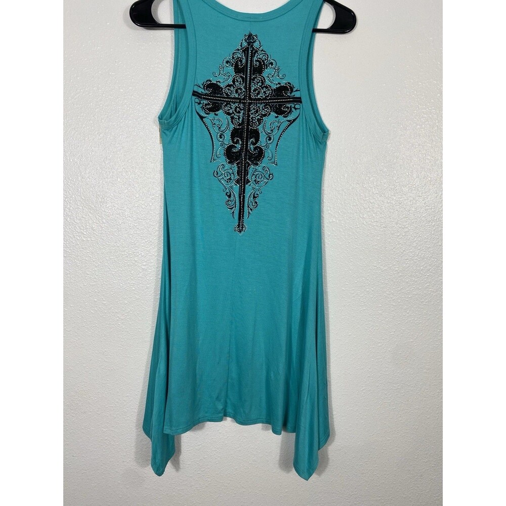 Y2K Vocal Turquoise Sleeveless Rhinestone Cross Tunic Top Rayon Spandex Size S - Picture 6 of 15